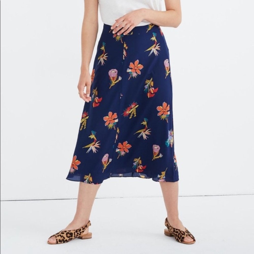 Madewell "Birds of Paradise" Navy Midi Skirt
